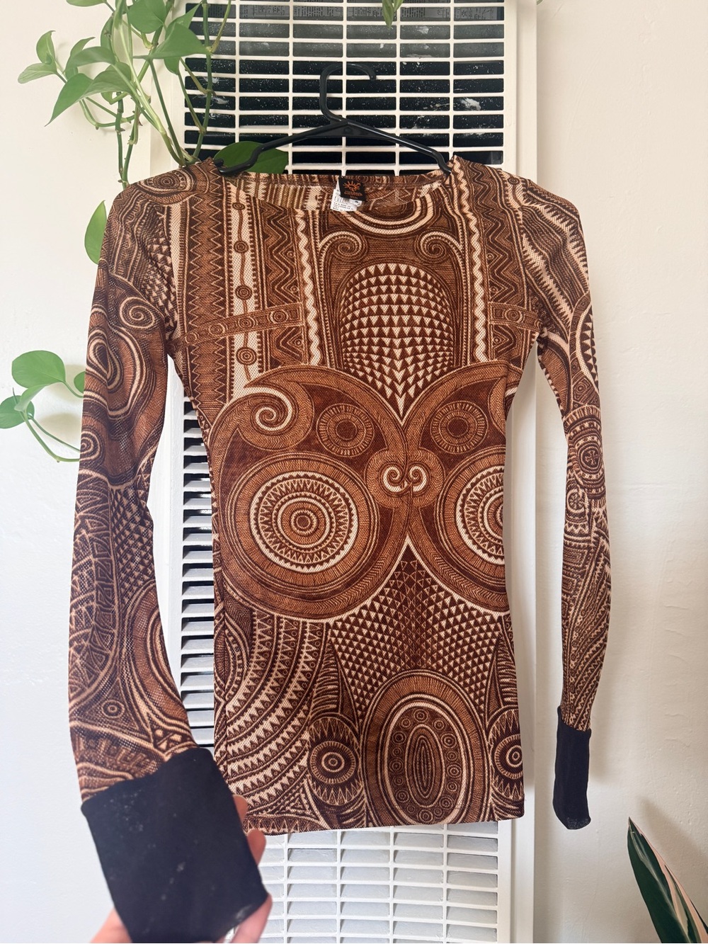 Vintage 90s Jean Paul Gaultier Mesh Top Brown Retro Tribal Patterned Long-Sleeve
